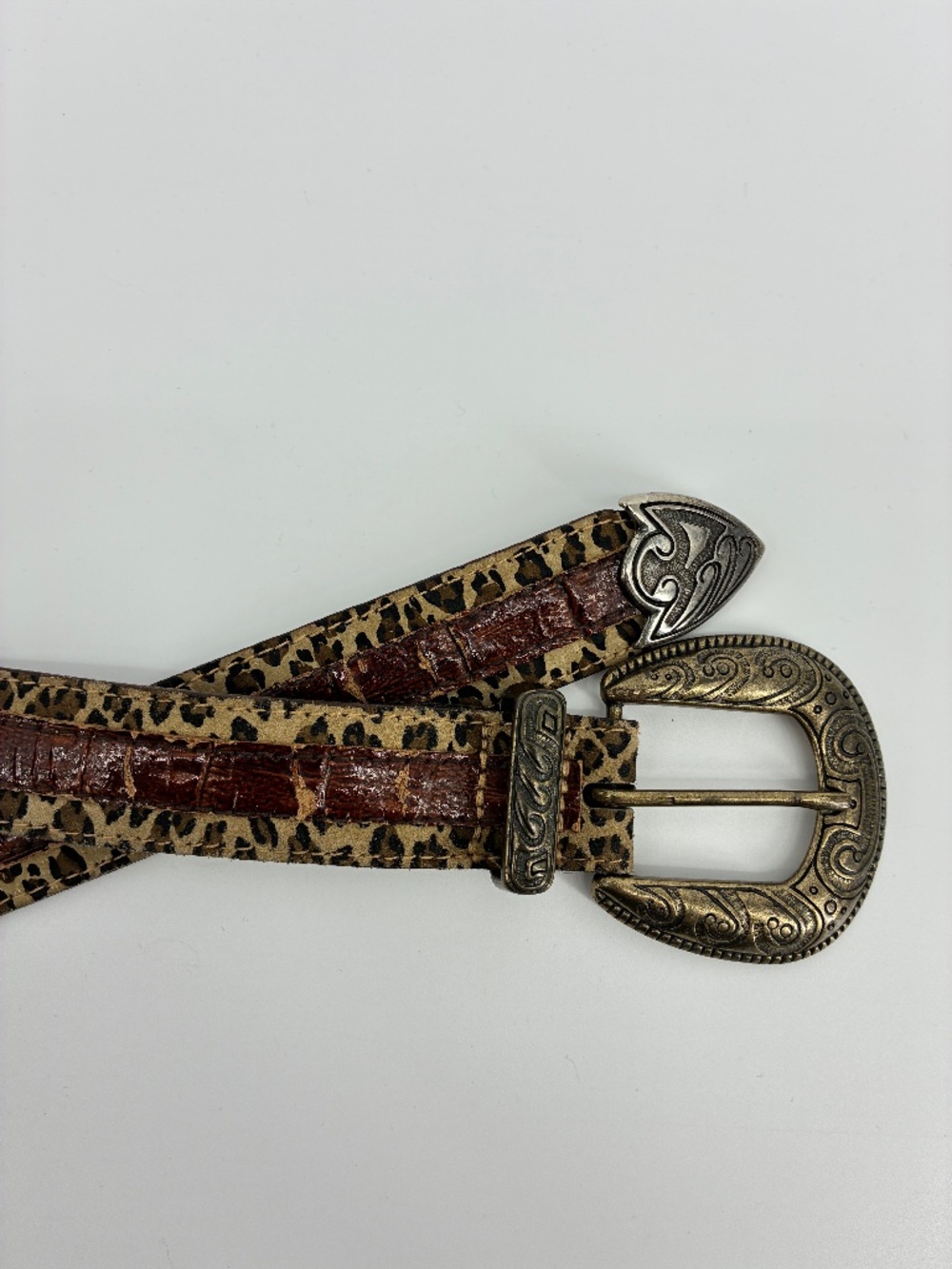 Genuine Suede Leopard Print Western Belt Ornate Antique Gold Buckle Made in USA